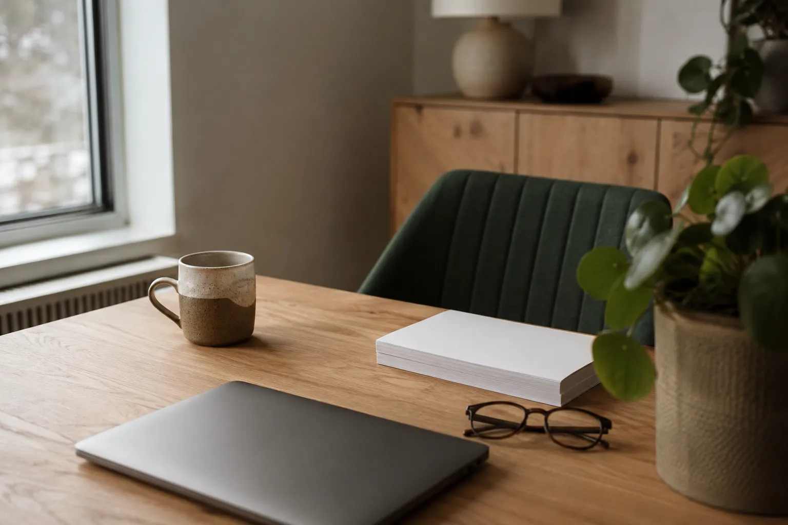 Overhead view of a working desk with a laptop, notebook, coffee and a plant